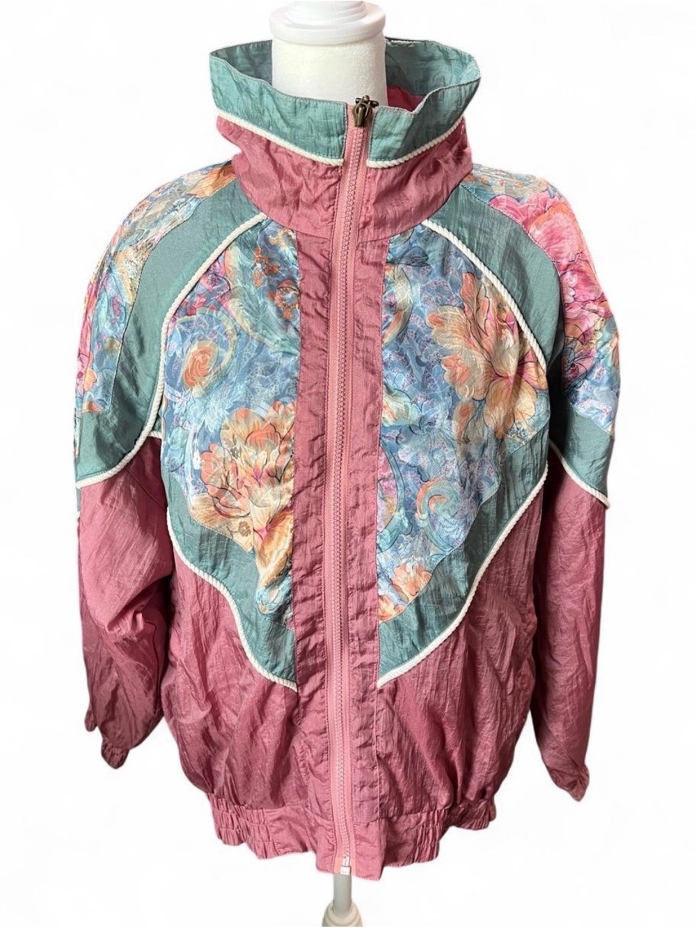 Vintage Floral Panel Windbreaker Jacket in Rose Pink & Sage
